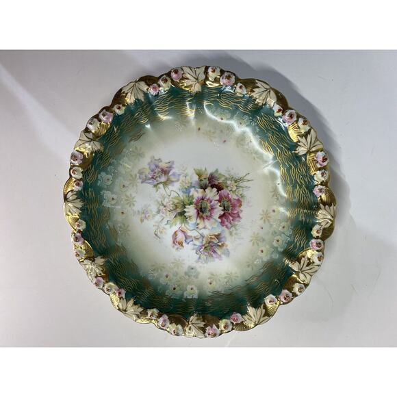RS Germany Porcelain Plate Art Nouveau Green Floral Antique Scalloped Fluted - Picture 1 of 8